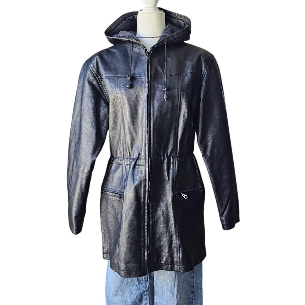 90s Y2K Black Genuine Leather Hooded Jacket with Drawstring Waist Size Small
